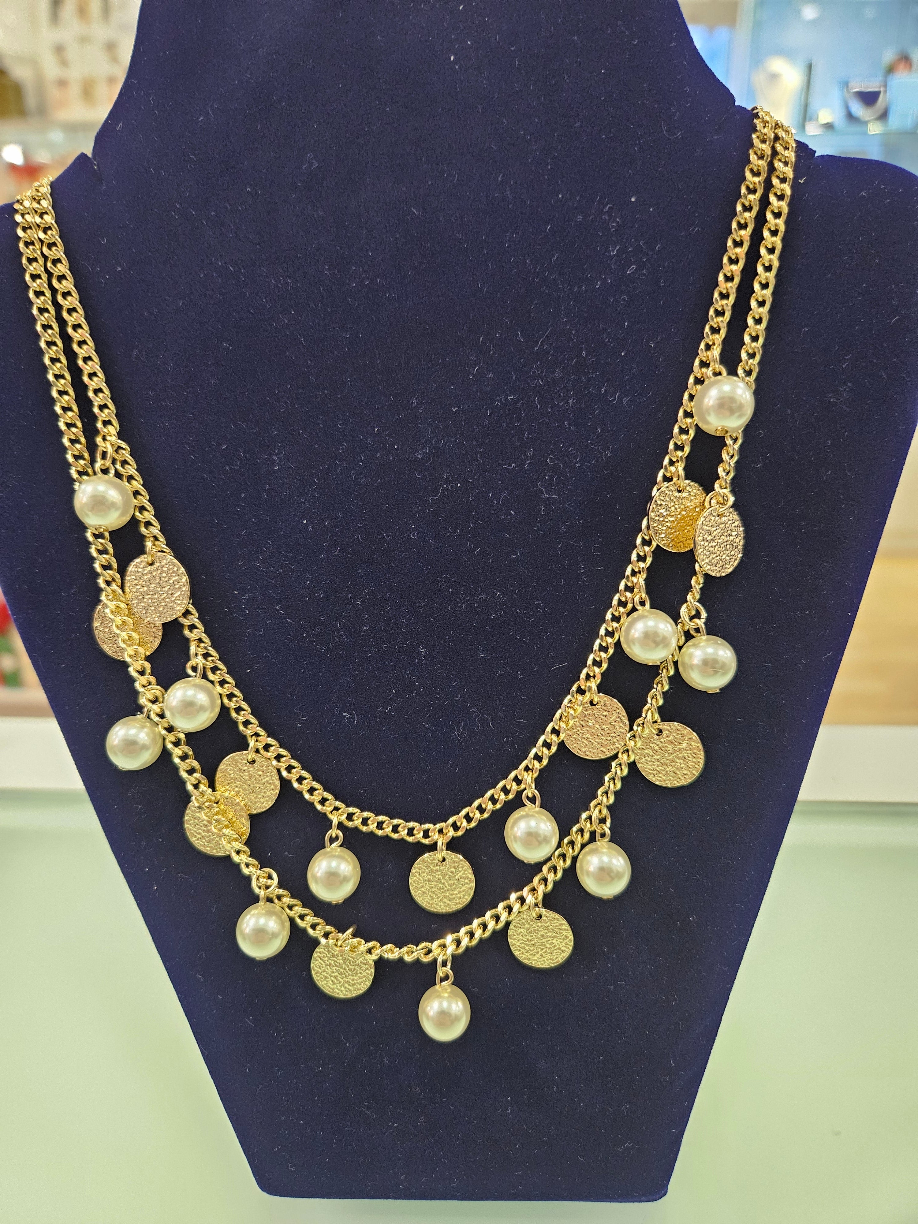 Double Gold & Pearl Necklace