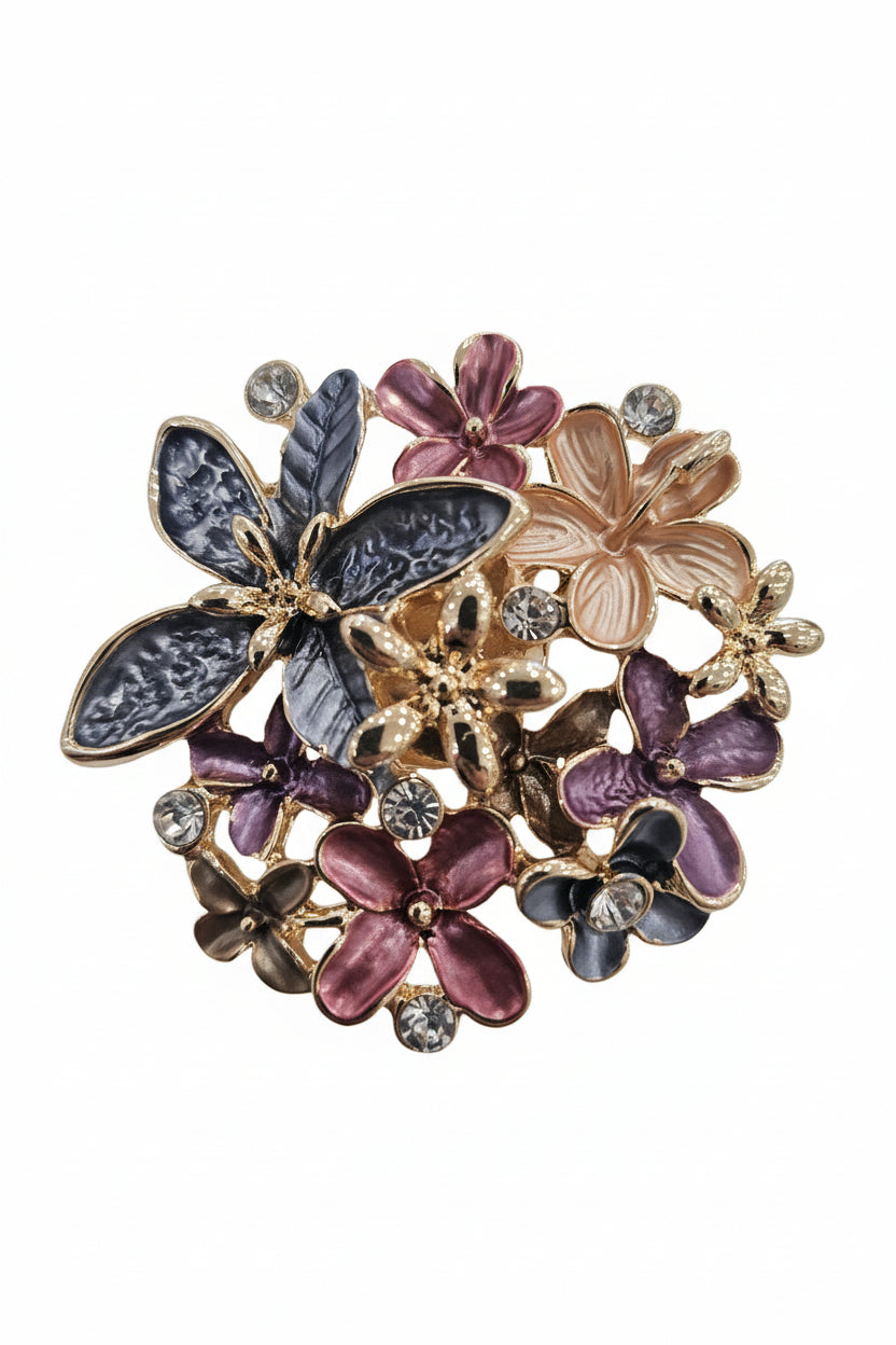 Magnetic Flower Brooch Multi Coloured with Clear Stones