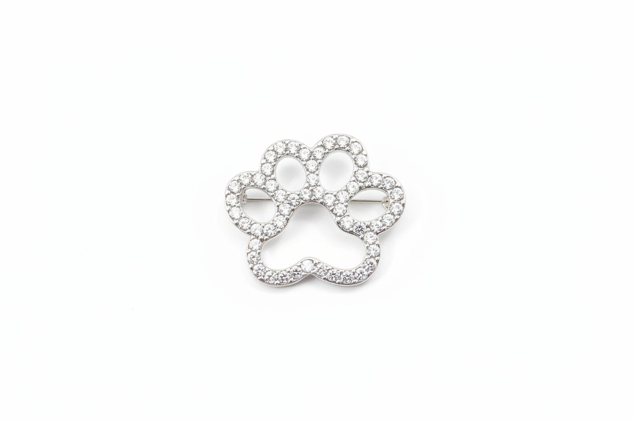 Silver Clear Stone Paw Print Brooch