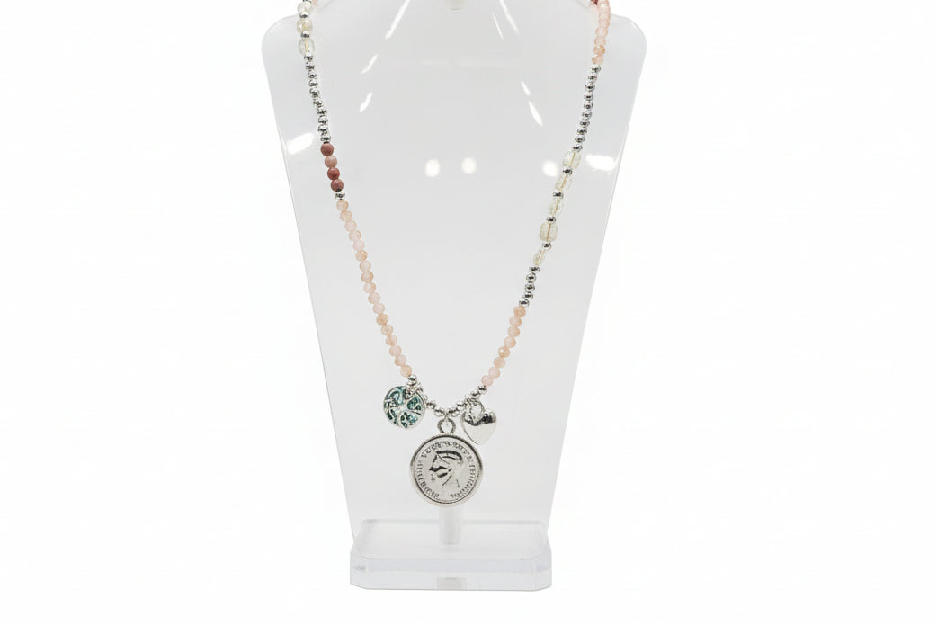 Long Necklace with Silver Coin & Disc. Pink & Clear Stones