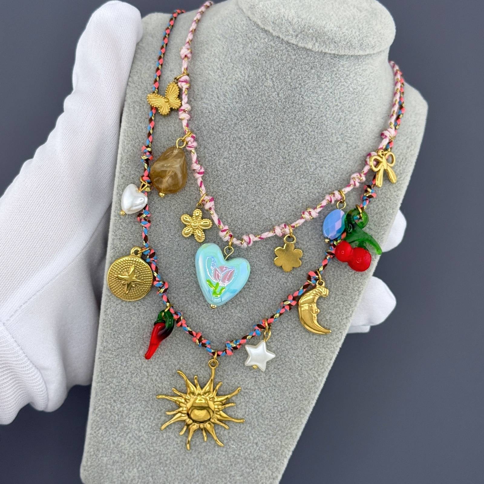 Pale Blue Heart & Flower Necklace 18K Gold Plated