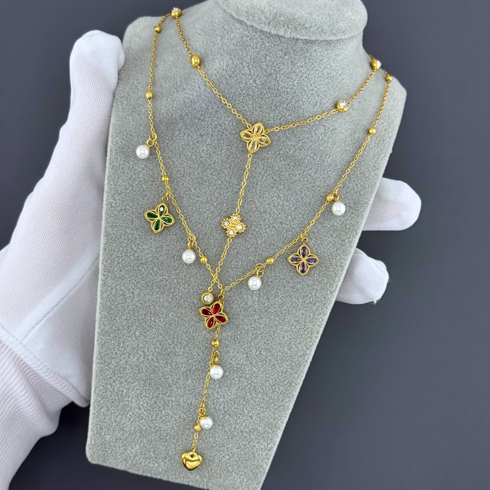 Flowers Necklace, 18K Gold Plated Steel