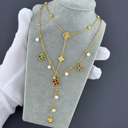 Flowers Necklace, 18K Gold Plated Steel