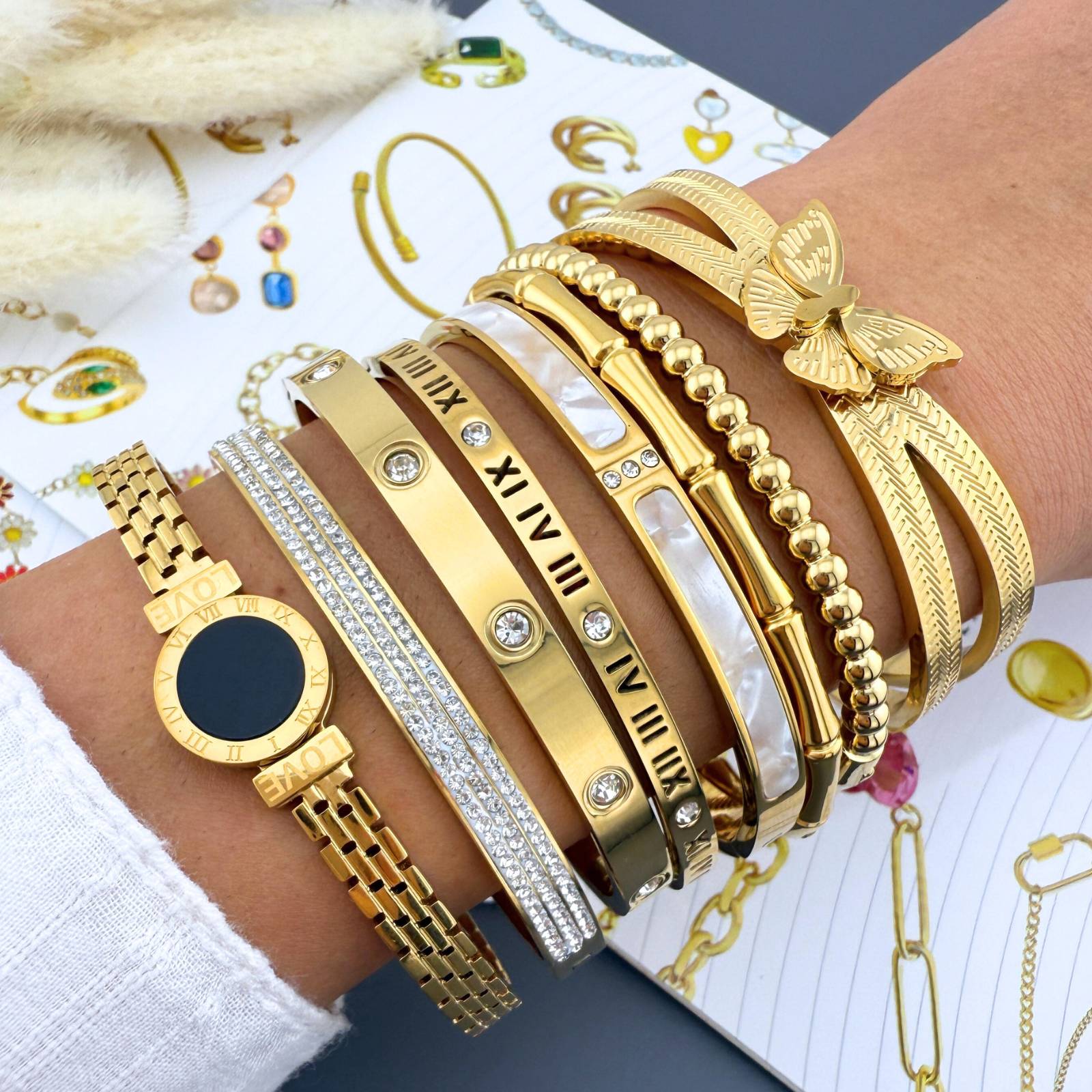 L. Style Roman Numeral Bangle  18K Gold Plated Steel