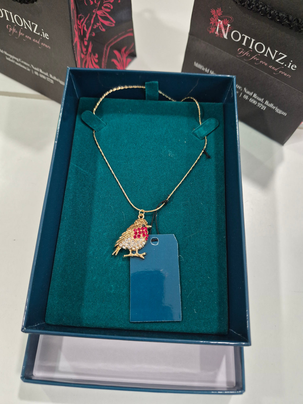 Goldplated Robin Necklace with Dimante & Coloured Stones