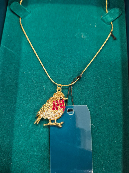 Goldplated Robin Necklace with Dimante & Coloured Stones