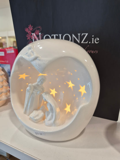 Round White Porcelain Nativity Scene with LED