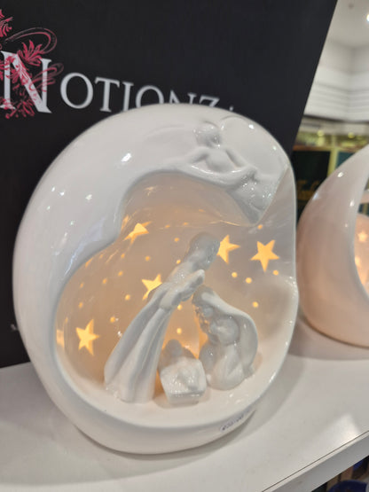 Round White Porcelain Nativity Scene with LED