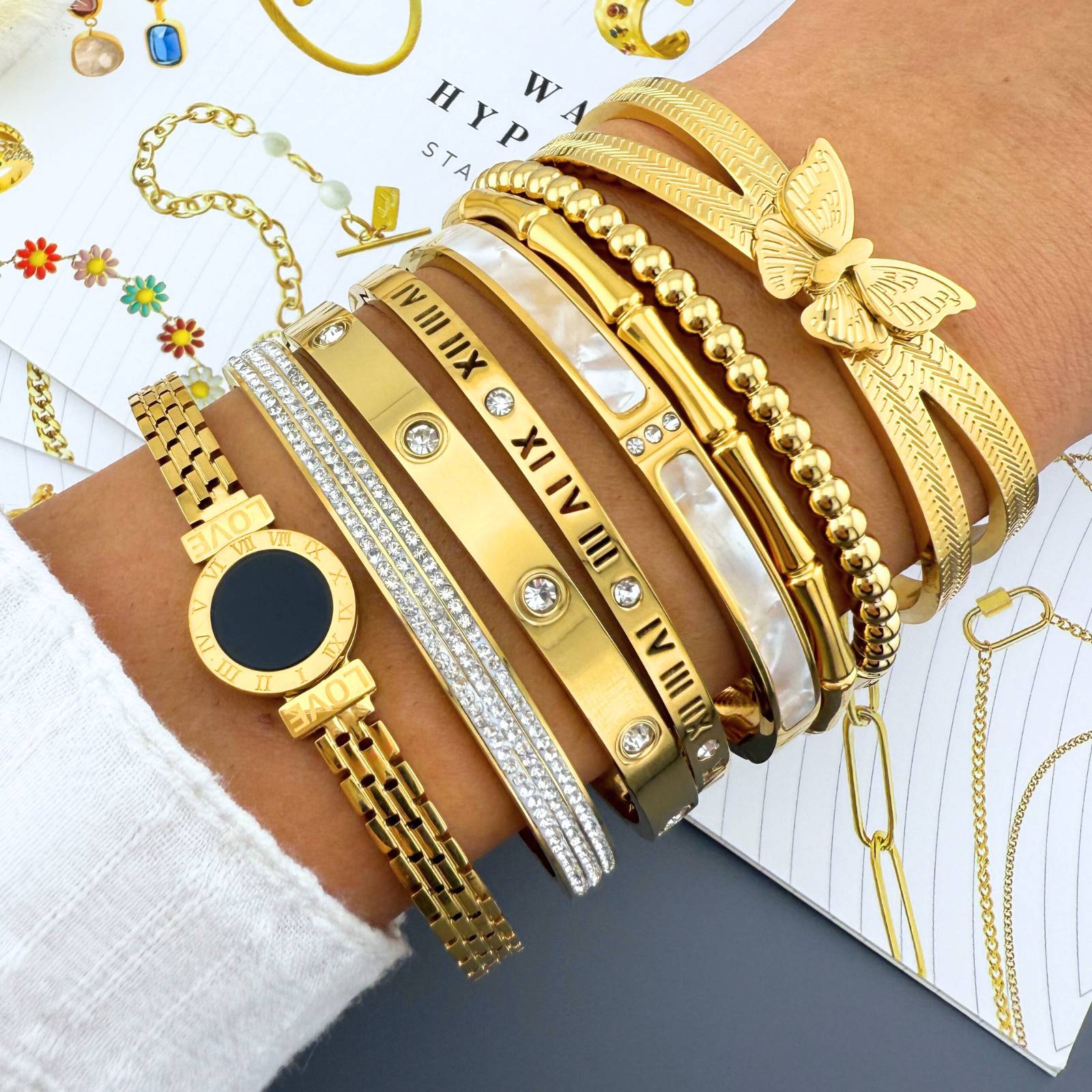 L. Style Roman Numeral Bangle  18K Gold Plated Steel