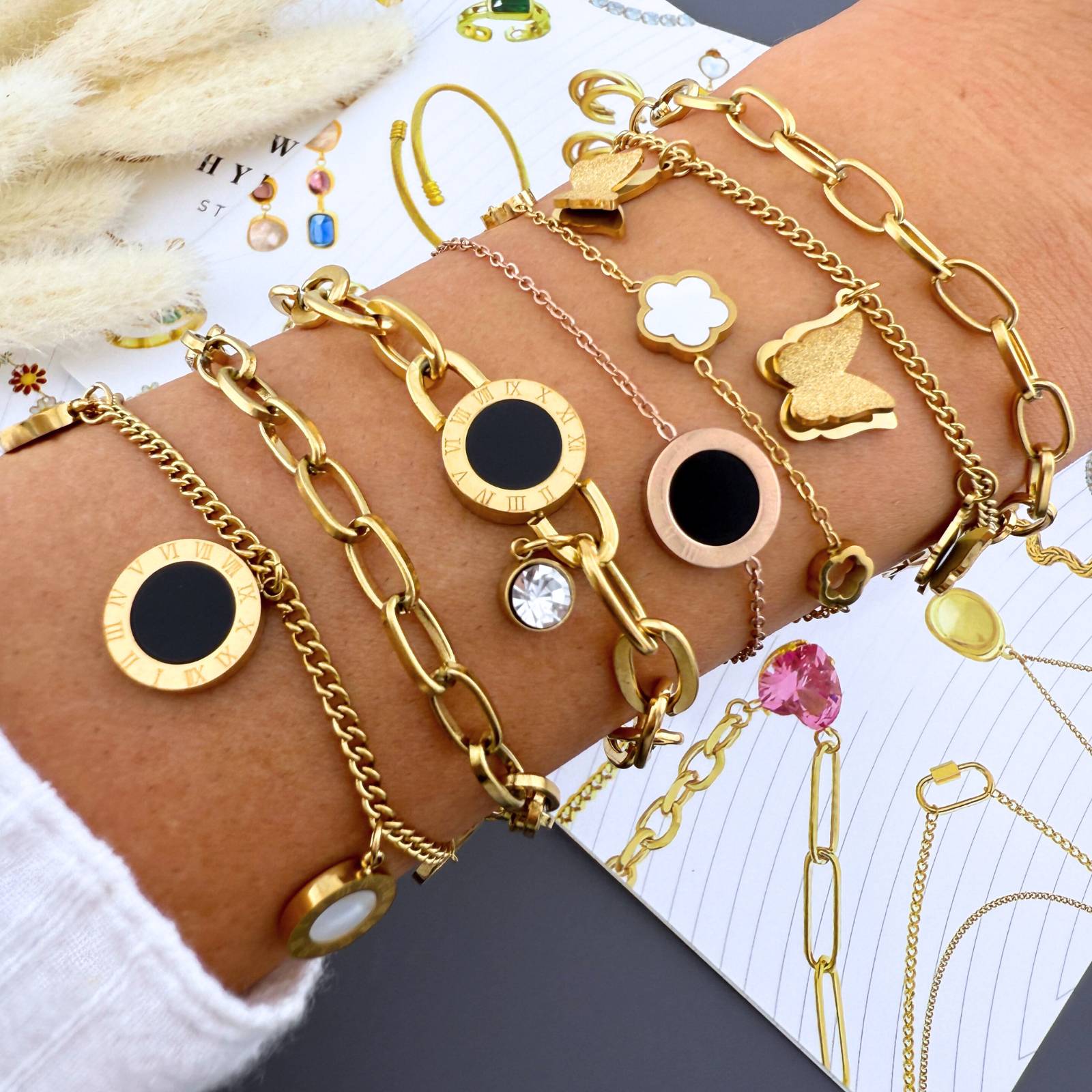 L. Style Bracelet With Roman Numerals & Cubic Zirconia Charm 18K Gold Plated Steel