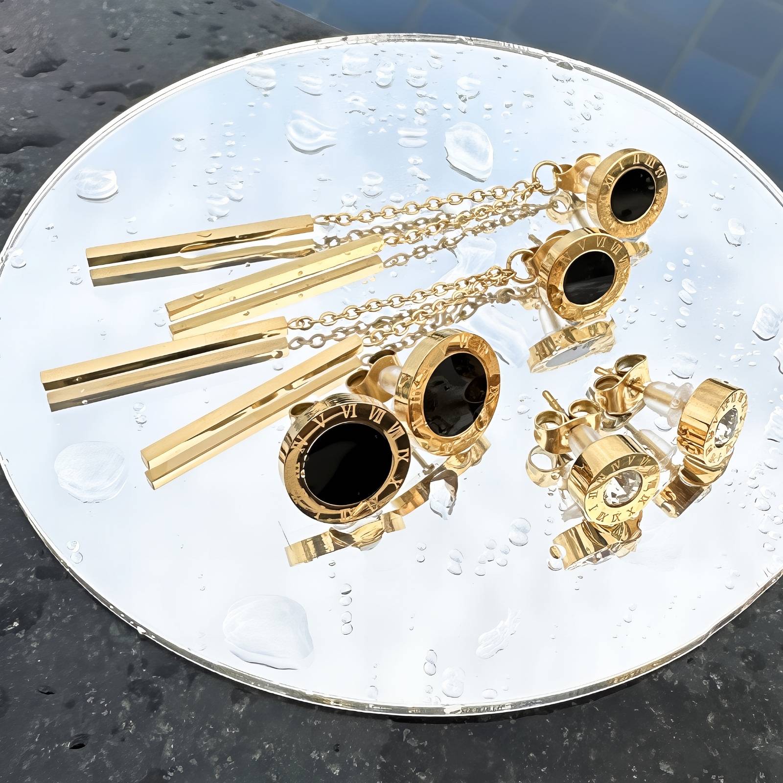 L. Style Stud Earrings with Roman Numerals 18K Gold Plated Steel
