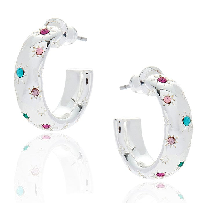 Equilibrium Glam Rox Starburst Silver Plated Hoop Earrings