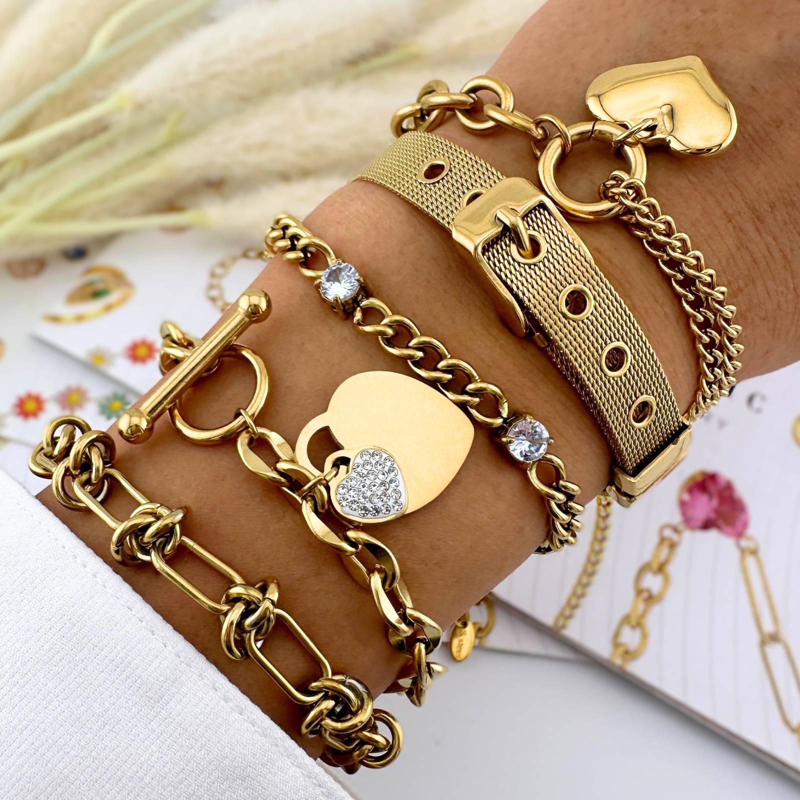 L. Style T Bar Hearts Charm  Bracelet 18K Gold Plated Steel
