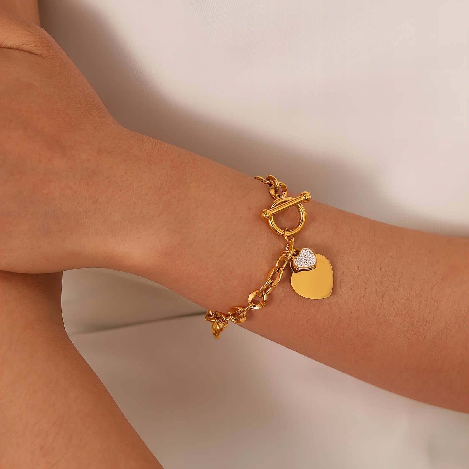 L. Style T Bar Hearts Charm  Bracelet 18K Gold Plated Steel