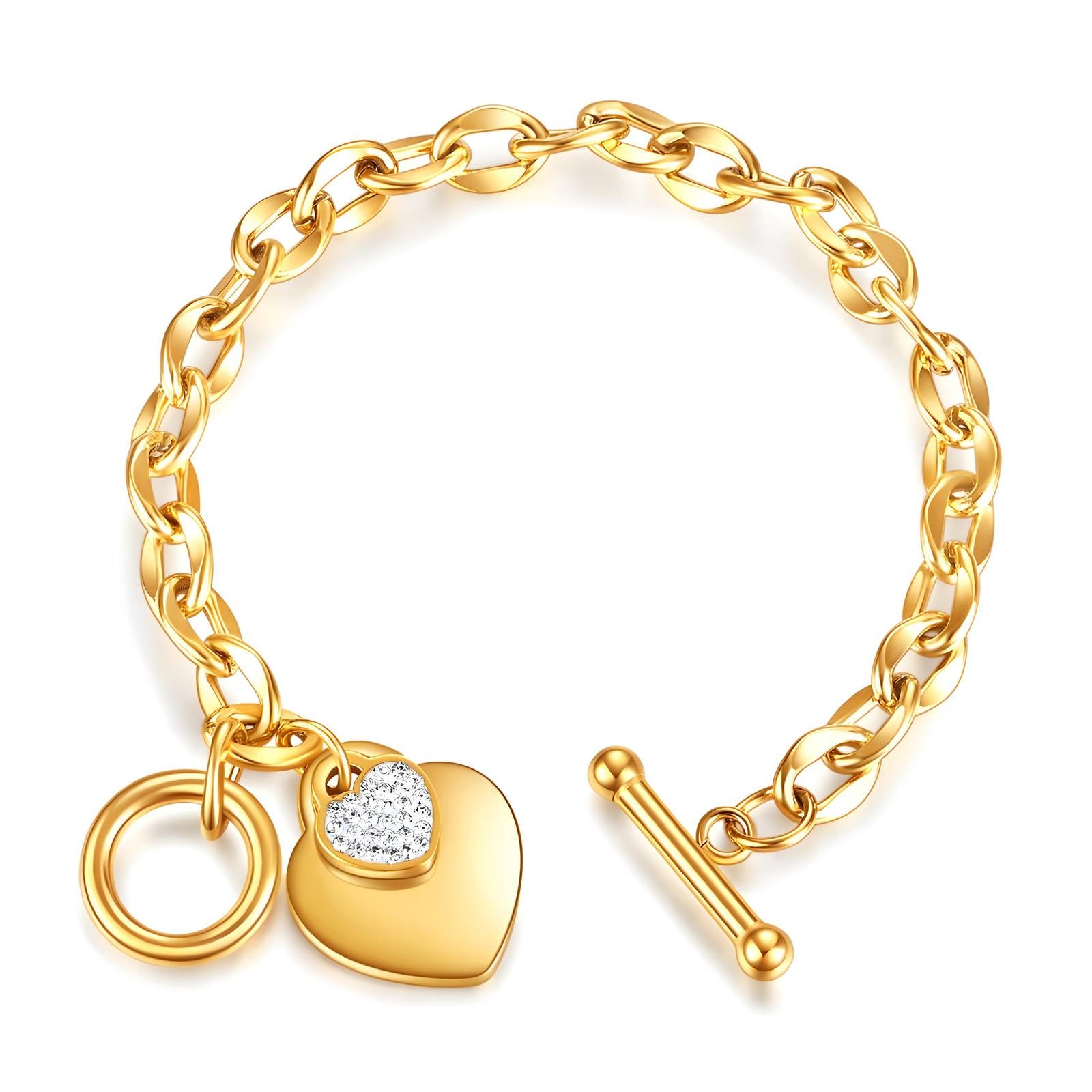 L. Style T Bar Hearts Charm  Bracelet 18K Gold Plated Steel