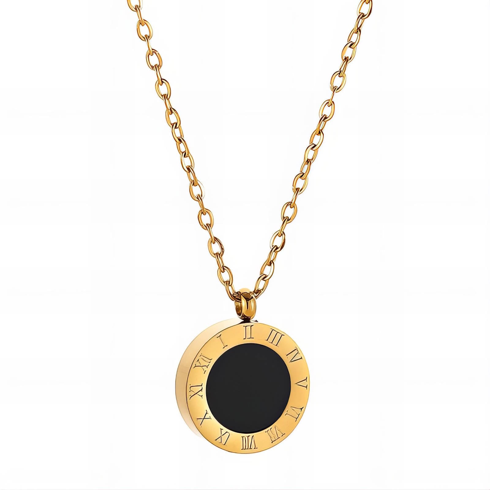 L. Style Roman Numeral Circular Pendant 18k Gold Plated Steel