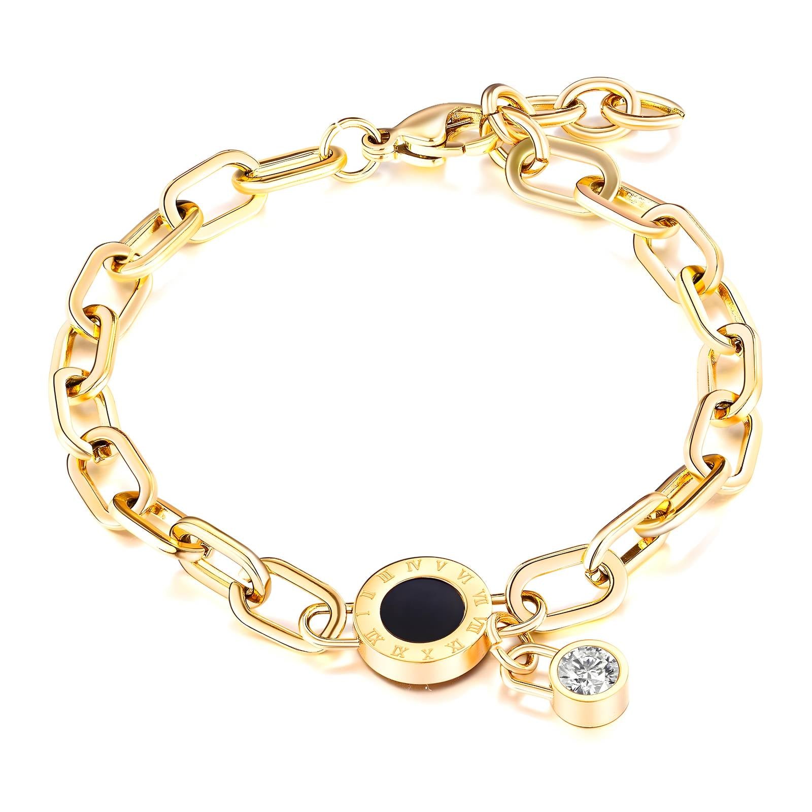 L. Style Bracelet With Roman Numerals & Cubic Zirconia Charm 18K Gold Plated Steel