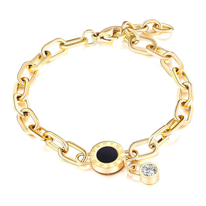 L. Style Bracelet With Roman Numerals & Cubic Zirconia Charm 18K Gold Plated Steel