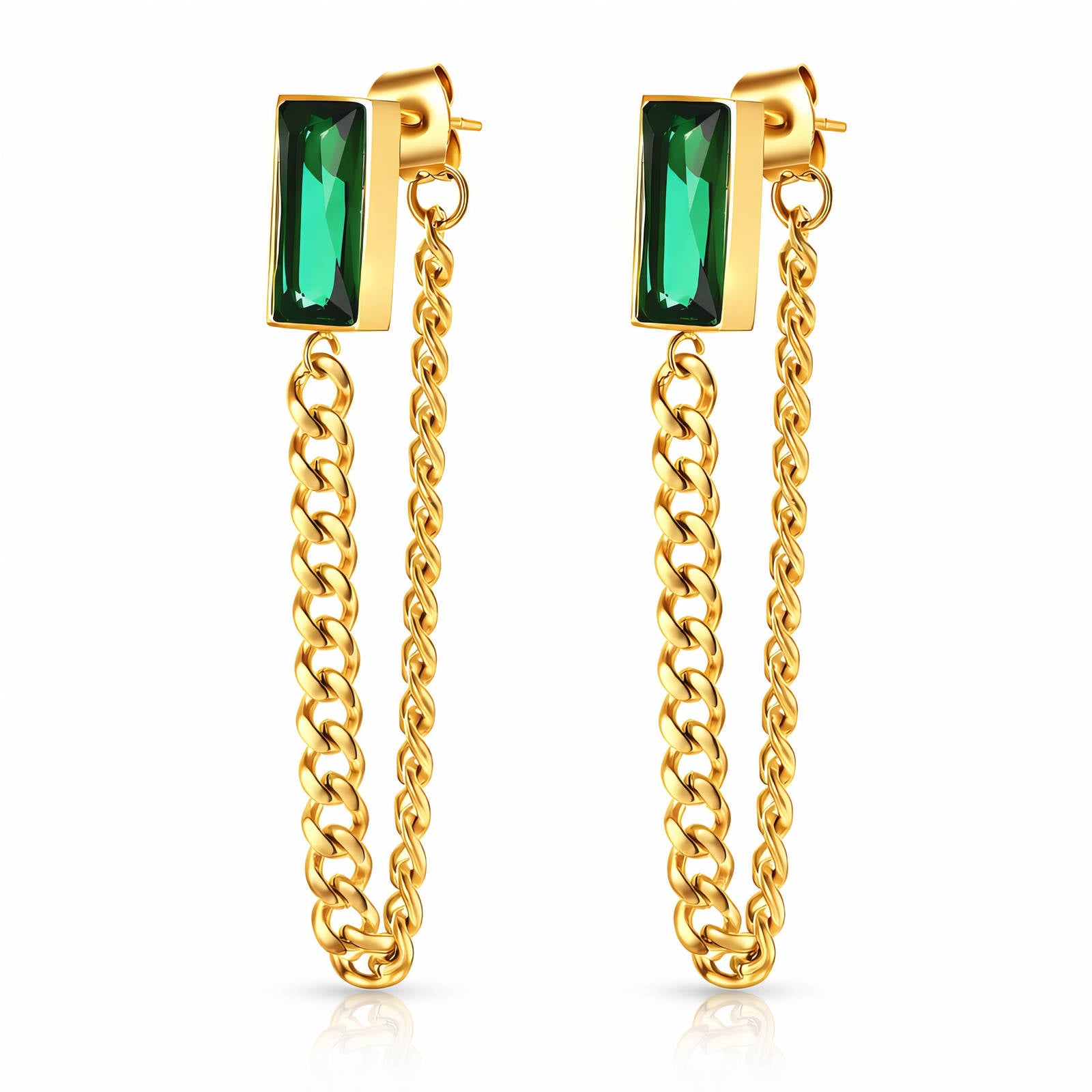 18K Gold Plated Green Cubic Zirconia Chain Drop Earrings