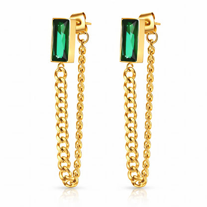 18K Gold Plated Green Cubic Zirconia Chain Drop Earrings