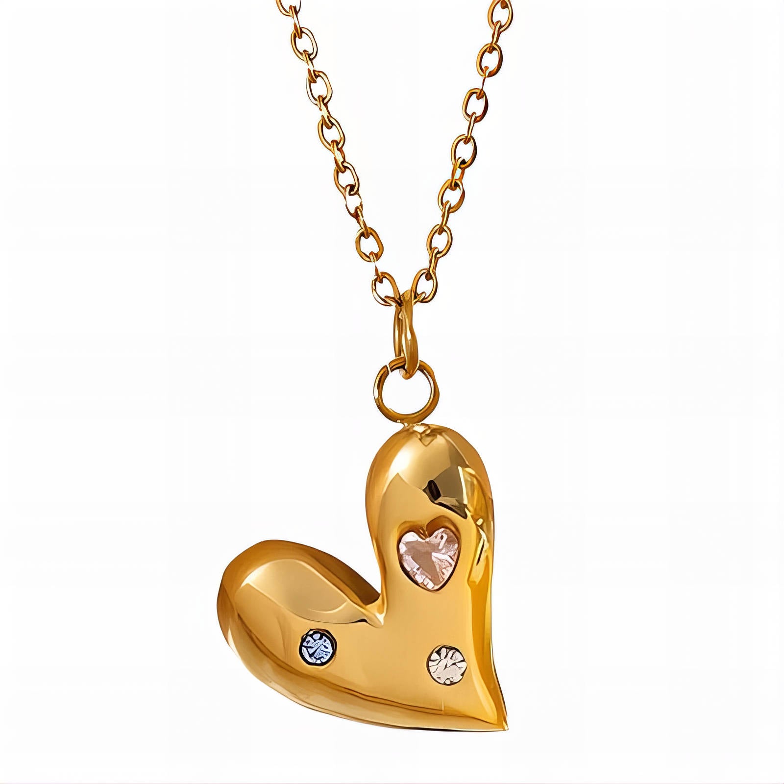 L. Style Heart with Cubic Zirconia Necklace 18K Gold Plated Steel