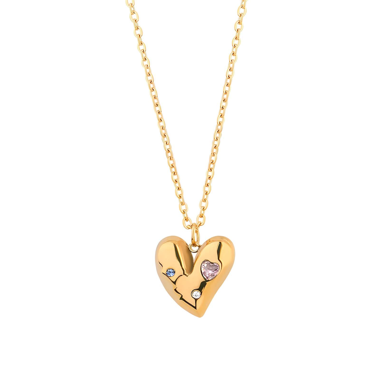 L. Style Heart with Cubic Zirconia Necklace 18K Gold Plated Steel