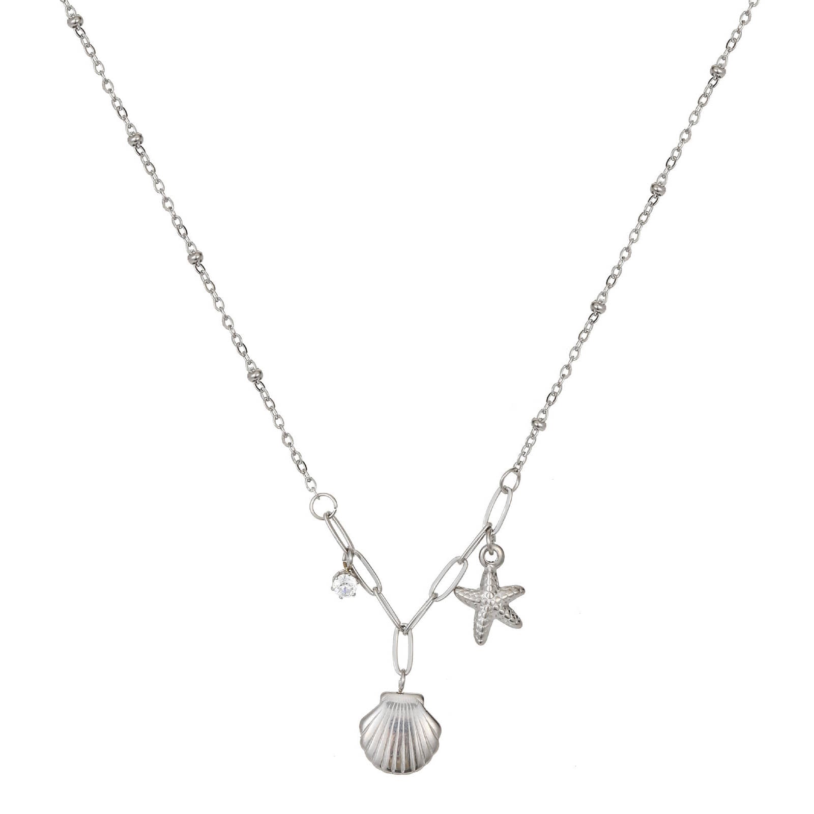 Stainless Steel Seashell & Starfish Charm Necklace with Cubic Zirconia