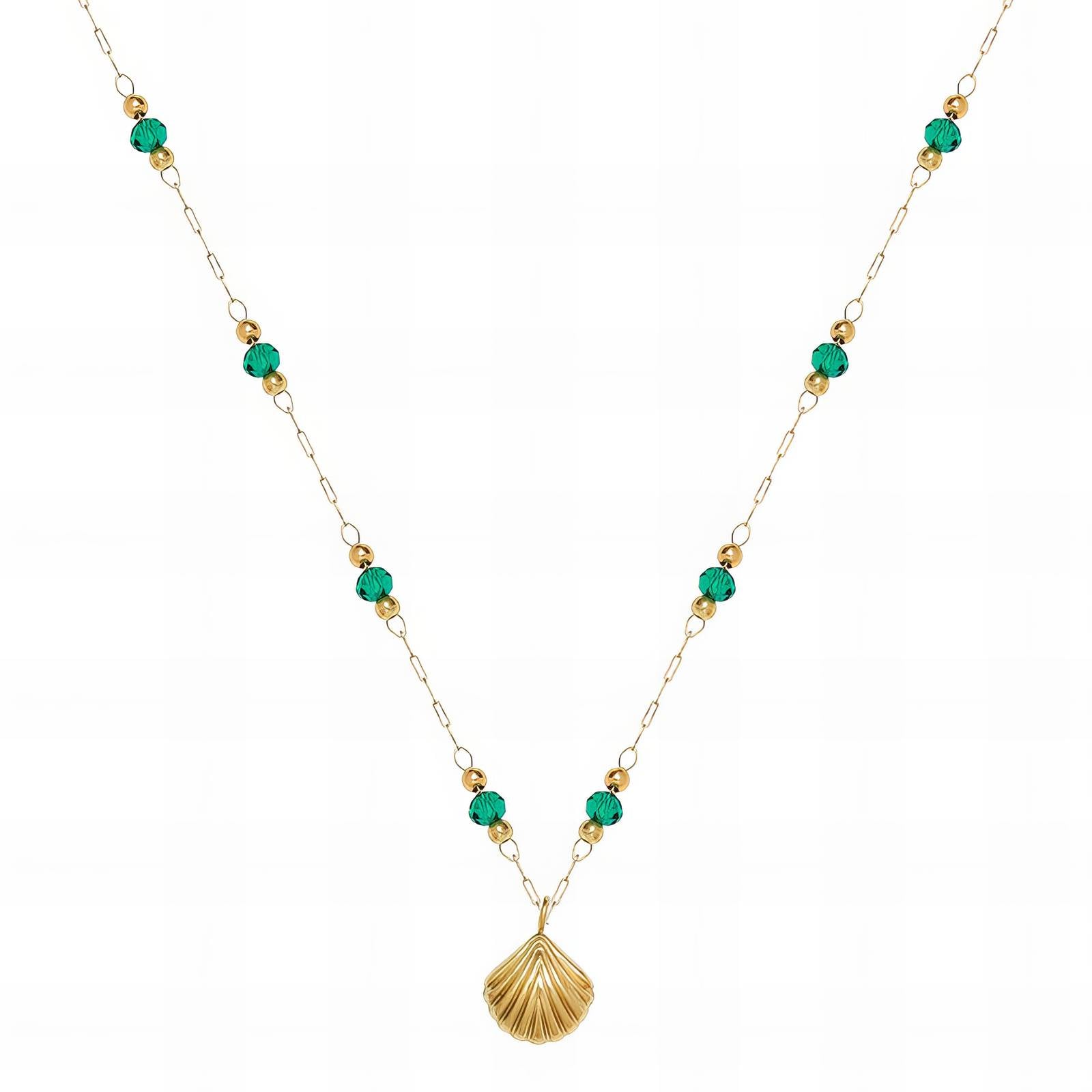 L. Style Shell Pendant & Green Beads Gold Plated Steel