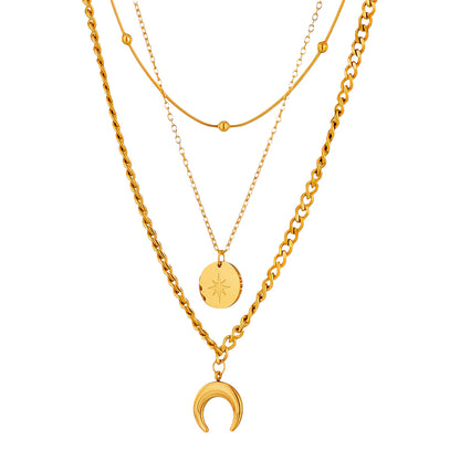 18K Gold Plated Celestial Layered Necklace with Star & Crescent Charms