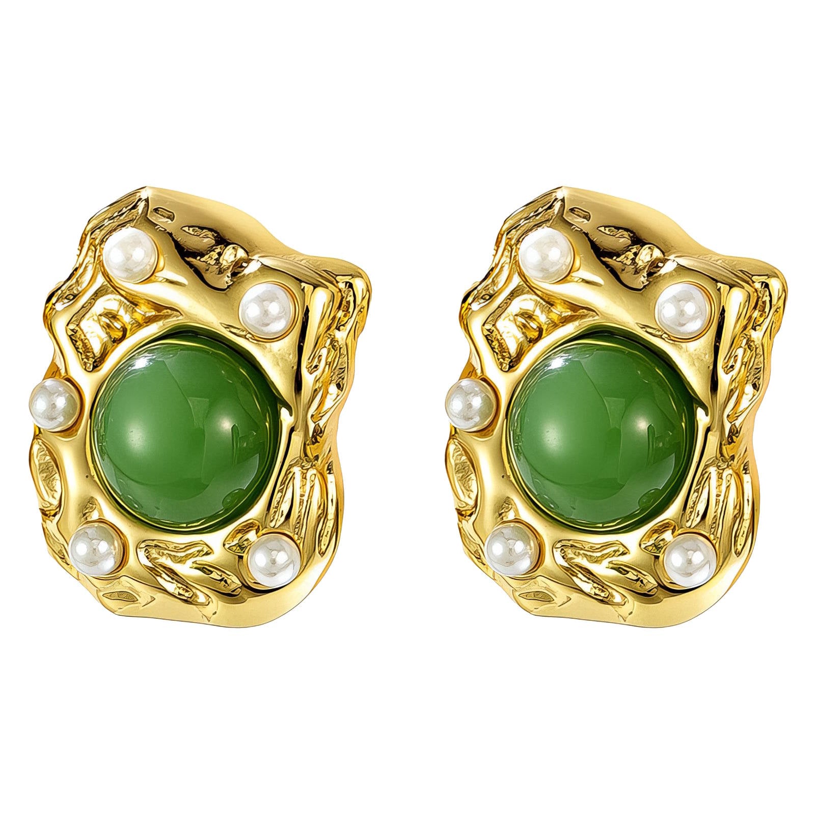 L. Style Earrings With Green Stone & Pearl 18K Gold Plated Steel