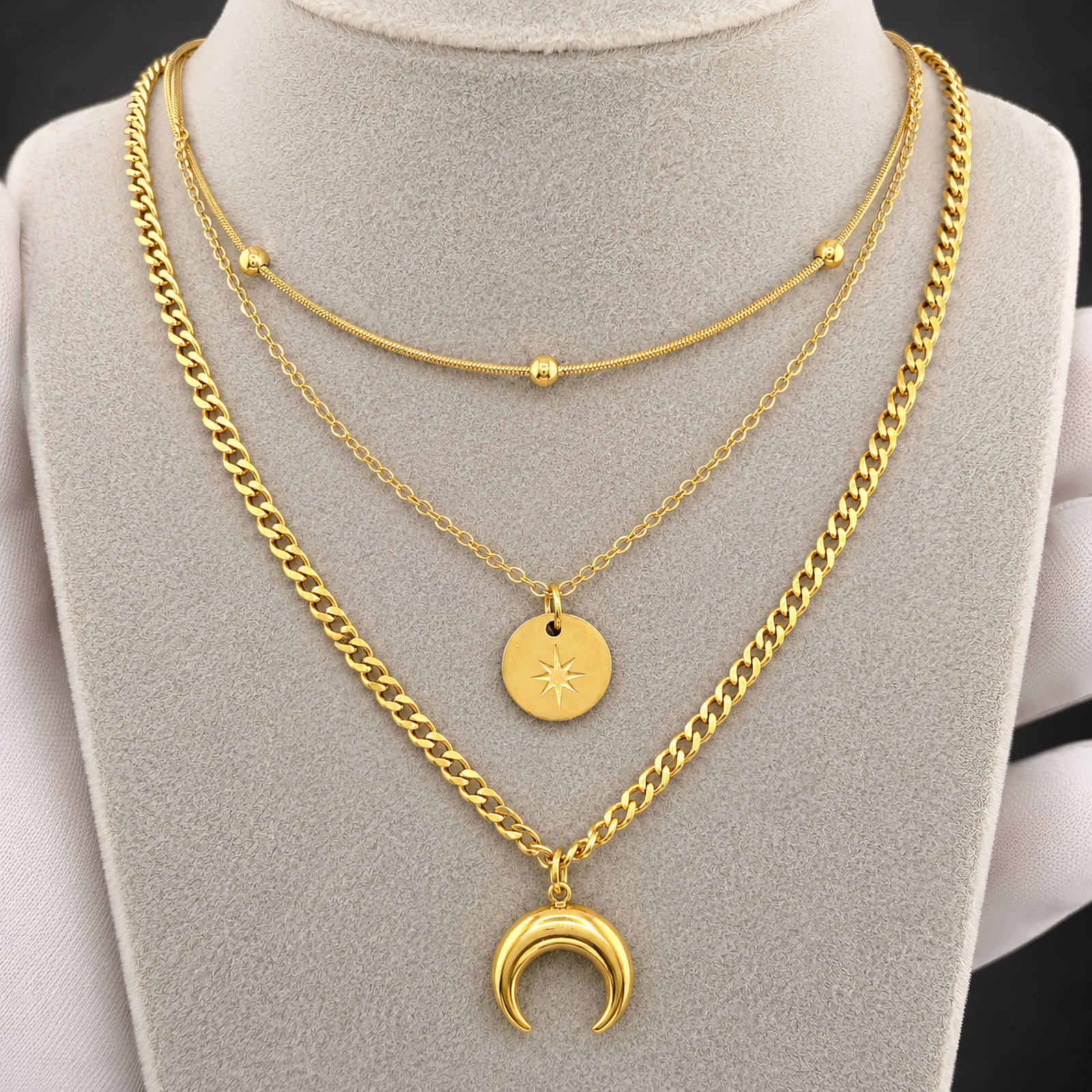 18K Gold Plated Celestial Layered Necklace with Star & Crescent Charms