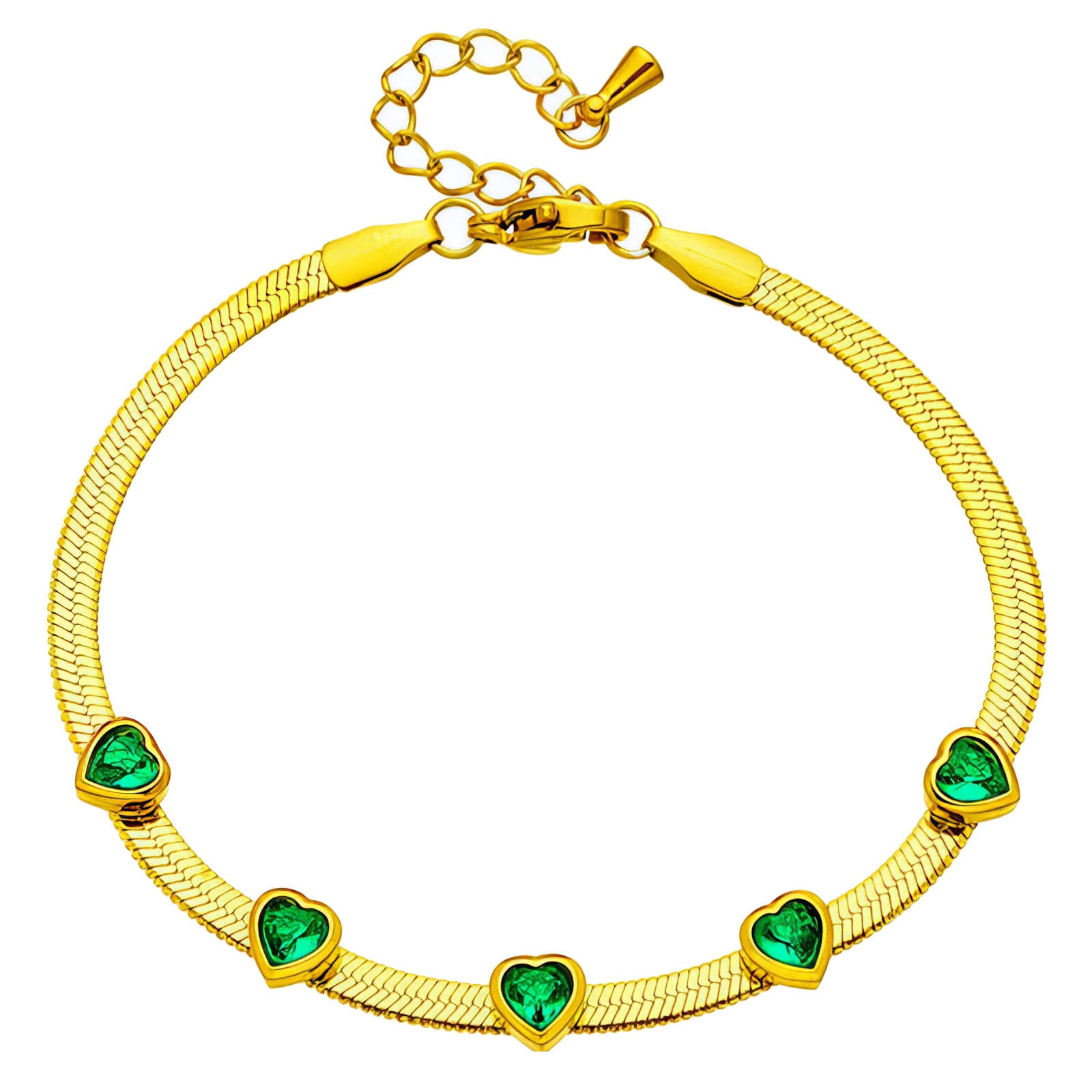 L. Style Green Cubic Zirconia Heart Bracelet 18K Gold Plated Steel