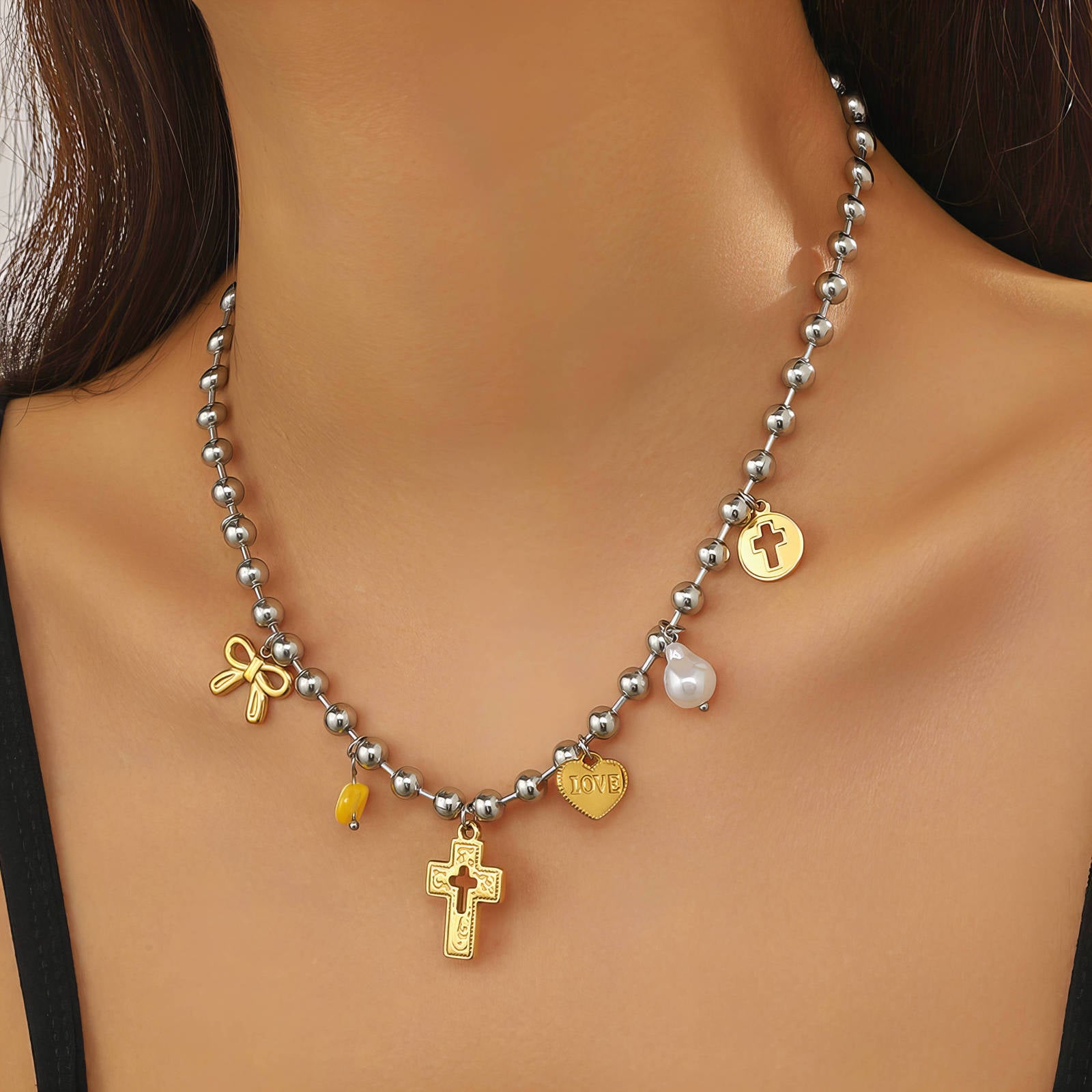 Cross Necklace, 18K Gold Plated Steel