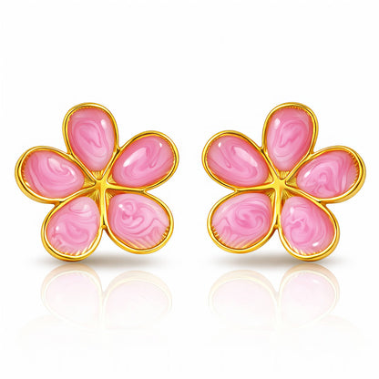 18K Gold Plated Pink Flower Stud Earrings