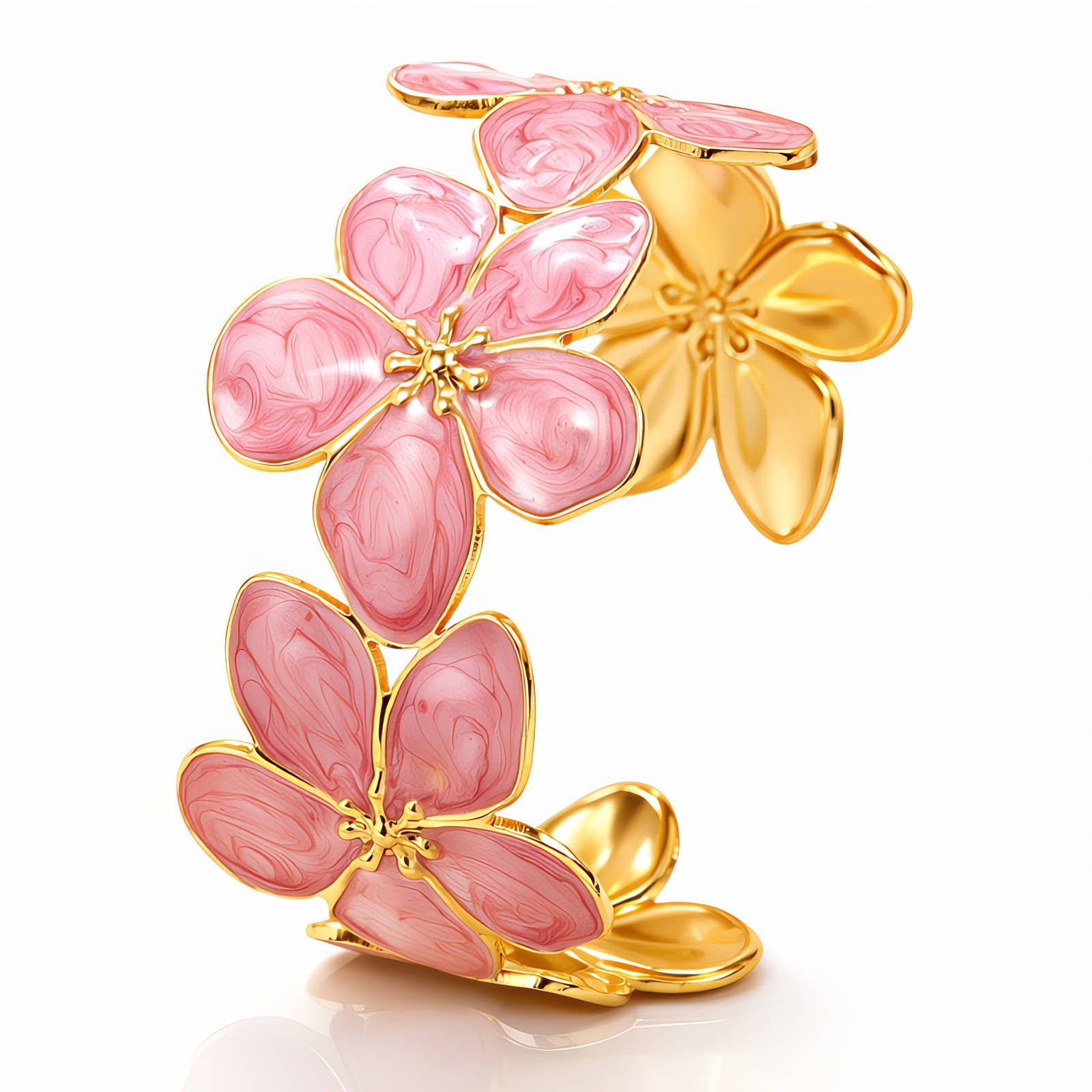 18K Gold Plated Pink Enamel Flower Cuff Bracelet