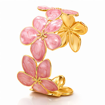 18K Gold Plated Pink Enamel Flower Cuff Bracelet