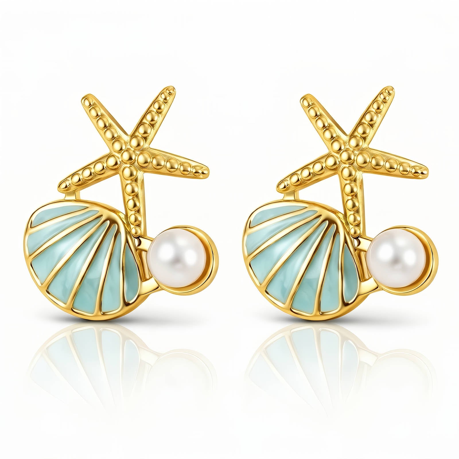 18K Gold Plated Starfish, Shell & Pearl Stud Earrings