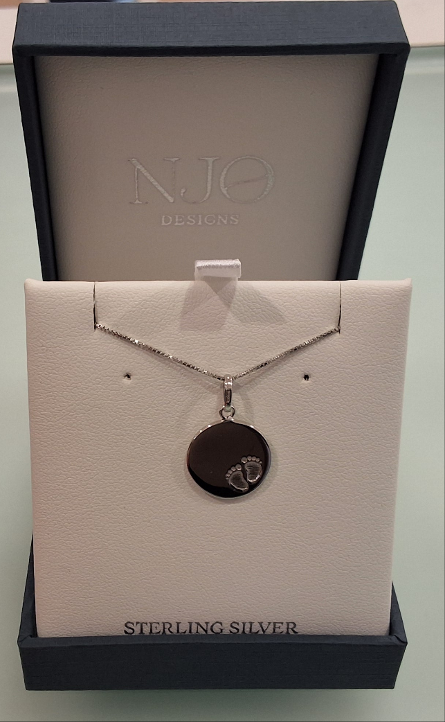 NJO Sterling Silver  Baby Feet Disk Necklace