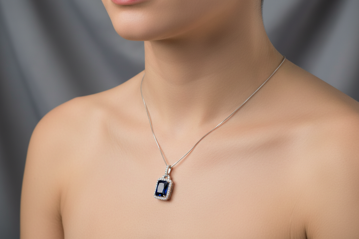 NJO Sterling Silver Saphire Square Pendant