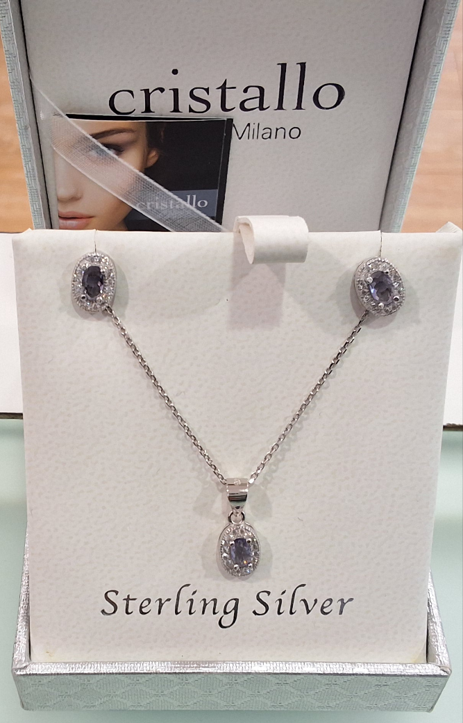 Amethyst Oval Silver Earrings and Necklace Set