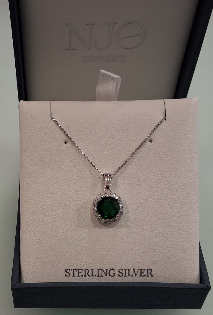 NJO Sterling Silver Pendant Emerald & CZ Square Cluster