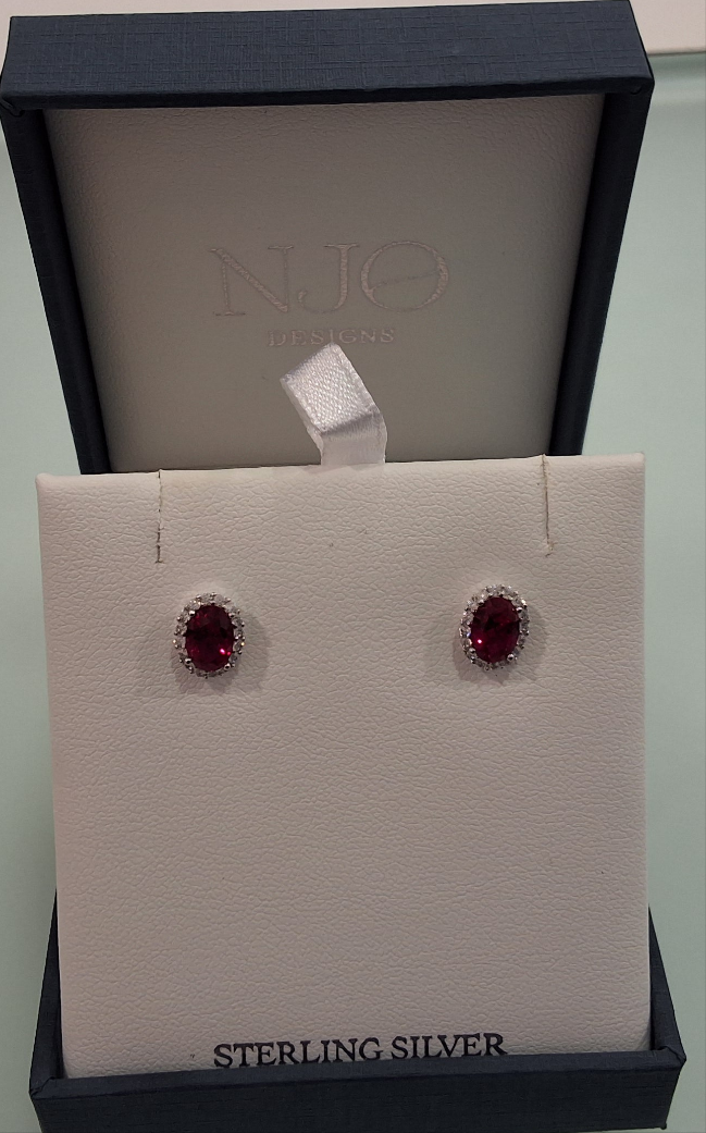 NJO Sterling Silver CZ & Ruby Oval Cluster Stud