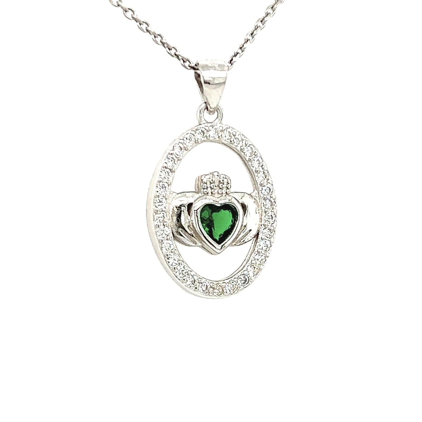 Cailin claddagh in circle with green stone