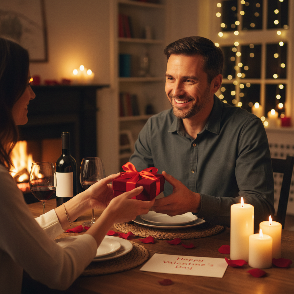Happy man receiving Valentine's gift