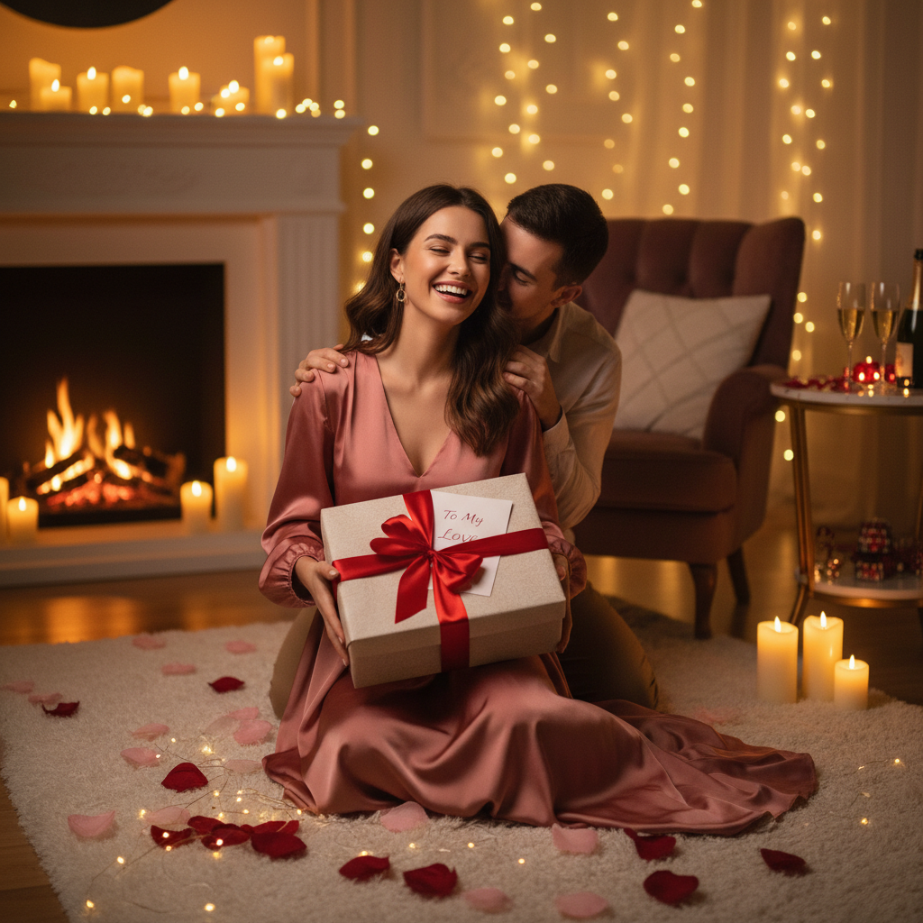 Happy woman receiving Valentine's gift