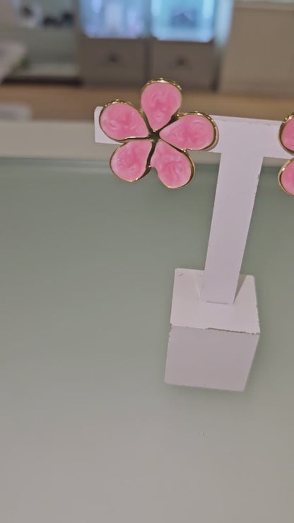 18K Gold Plated Pink Flower Stud Earrings