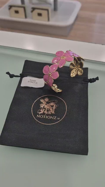 18K Gold Plated Pink Enamel Flower Cuff Bracelet