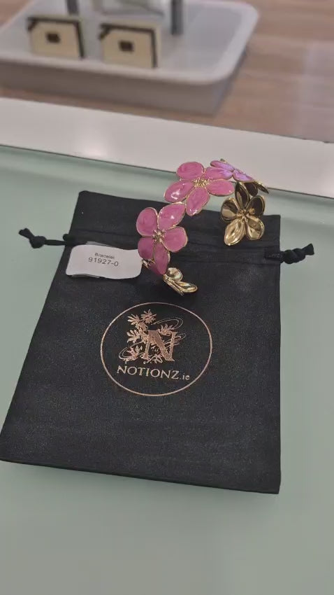 18K Gold Plated Pink Enamel Flower Cuff Bracelet