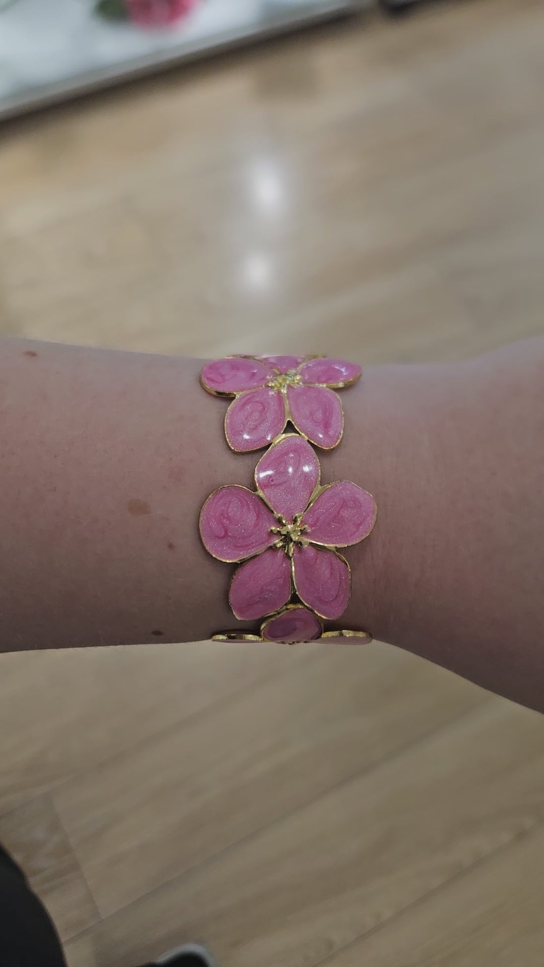 18K Gold Plated Pink Enamel Flower Cuff Bracelet
