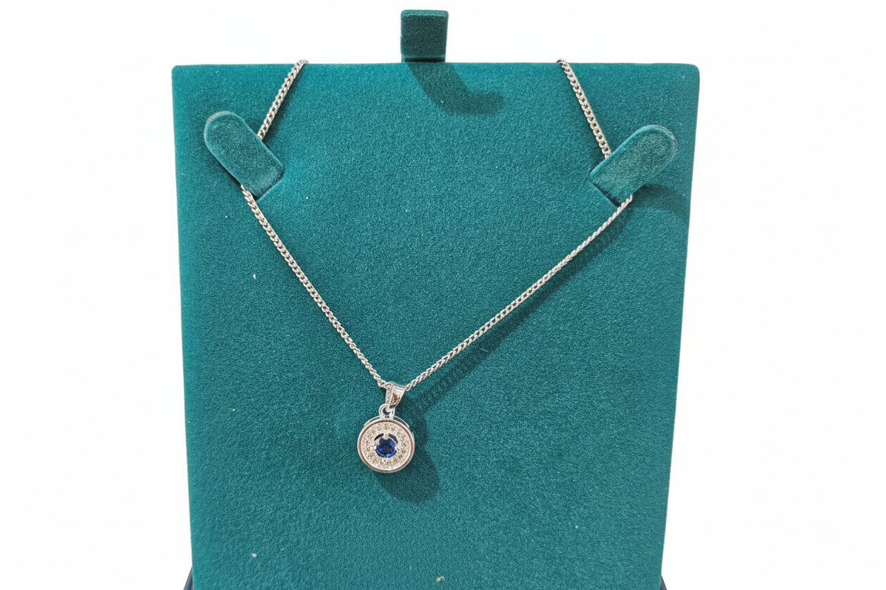 Silver Necklace with Blue & Clear Stones in Disc